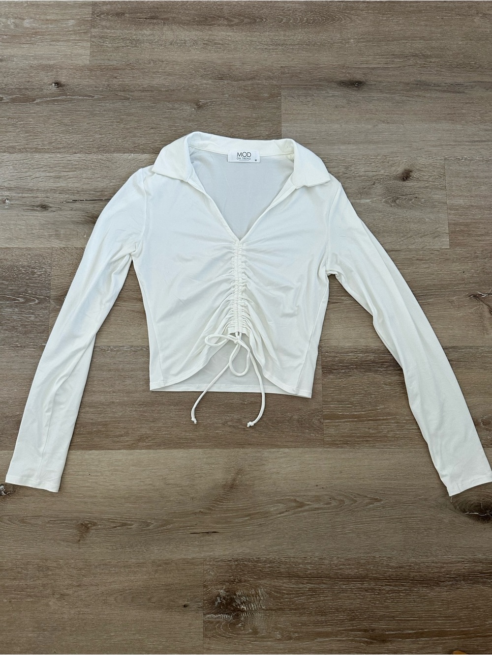 White Ruched Drawstring Long Sleeve Top